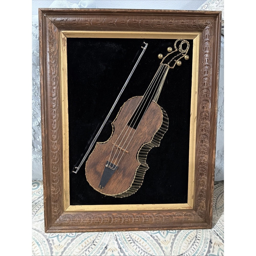Vintageโ Black Velvet String Wood Nails Wire Violin Still Life Picture In Frame